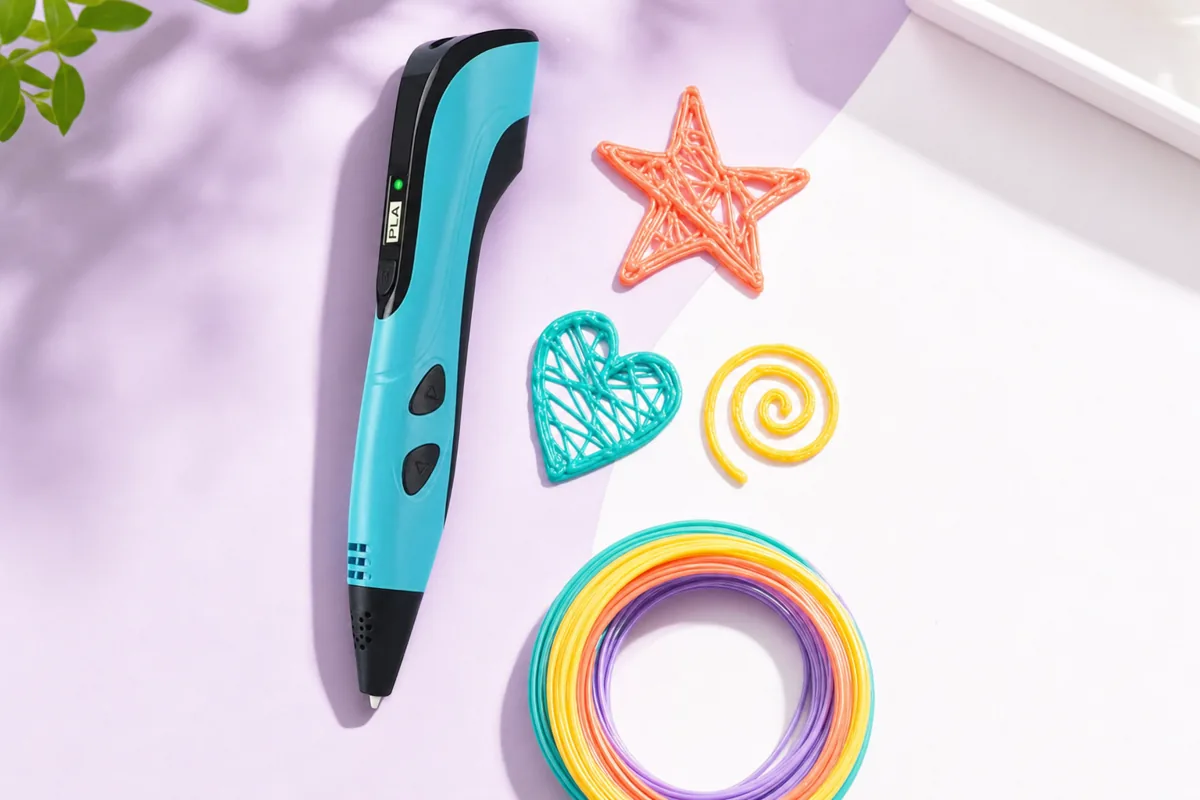 Stylo 3D Sculpio bleu posé près de créations en filament : étoile, cœur et spirale colorés