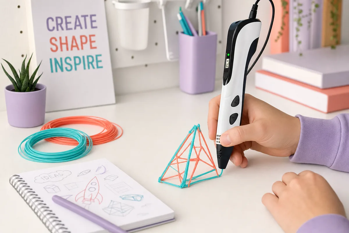 Adolescent qui construit une pyramide 3D avec le stylo Sculpio Créatif blanc sur un bureau créatif