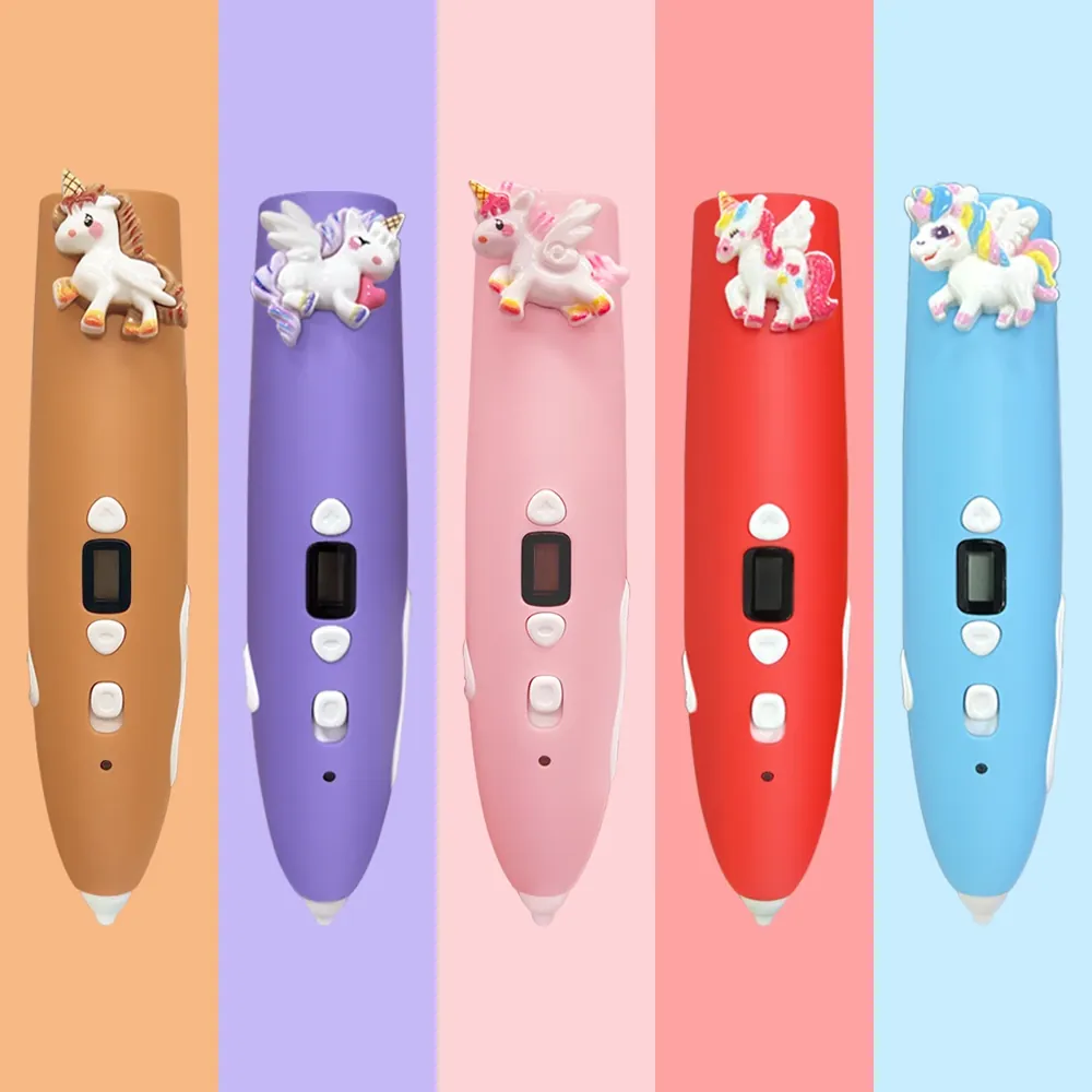 Les 5 coloris du stylo 3D Sculpio Petit avec topper licorne : violet, rose, rouge, bleu, caramel